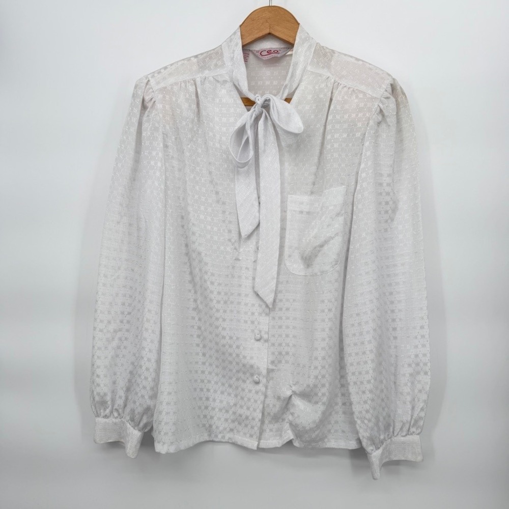 CEO VTG Blouse White Tie Neck Long Sleeve Workwear Dressy‎ Neutral Size 12